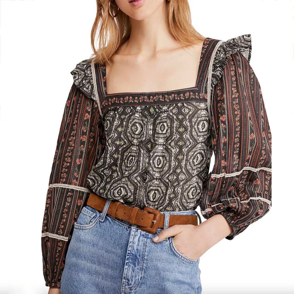 Free People Mostly Meadow Blouson-Sleeve Top - Boho - Size Large